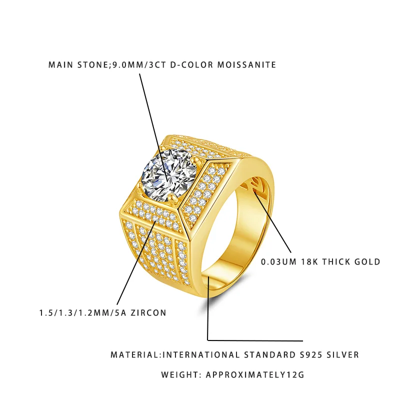 Men's 3CT D Color Moissanite Ring 925 Sterling Silver 18K Gold Plated 9.0mm Lab Diamond Ring with 5A Zircon Hip Hop Luxury Ring
Men's 3CT D Color Moissanite Ring 925 Sterling Silver 18K Gold Plated 9.0mm Lab Diamond Ring with 5A Zircon Hip Hop Luxury Ring