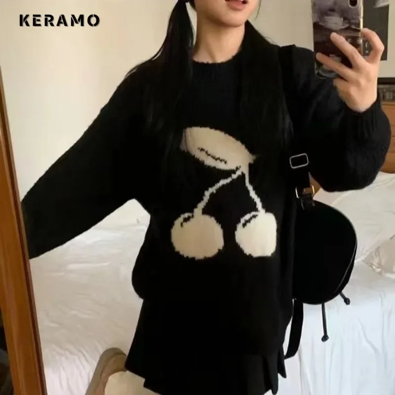 Women Chic Fruit Printting Black Warm Ladies Sweater Top 2024 Winter Elegant Sweet Round Neck Knitting Long Sleeve Pullovers 
Women Chic Fruit Printting Black Warm Ladies Sweater Top 2024 Winter Elegant Sweet Round Neck Knitting Long Sleeve Pullovers