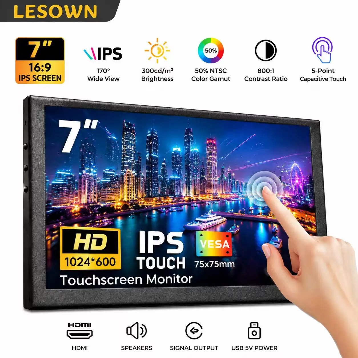 LESOWN 7.0 Inch Handheld Console Touch Sub-screen Black Metal 1024x600 HDMI Display for Steam Deck Switch