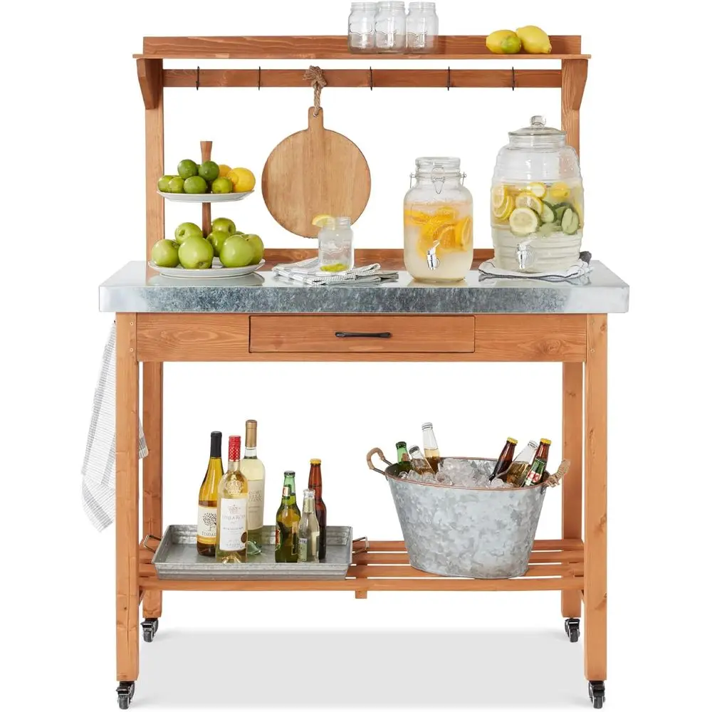 Portable Outdoor Table with Storage and Grill Hooks, Stainless Steel Top, Lockable Wheels, Medium Stained Brown
Portable Outdoor Table with Storage and Grill Hooks, Stainless Steel Top, Lockable Wheels, Medium Stained Brown
