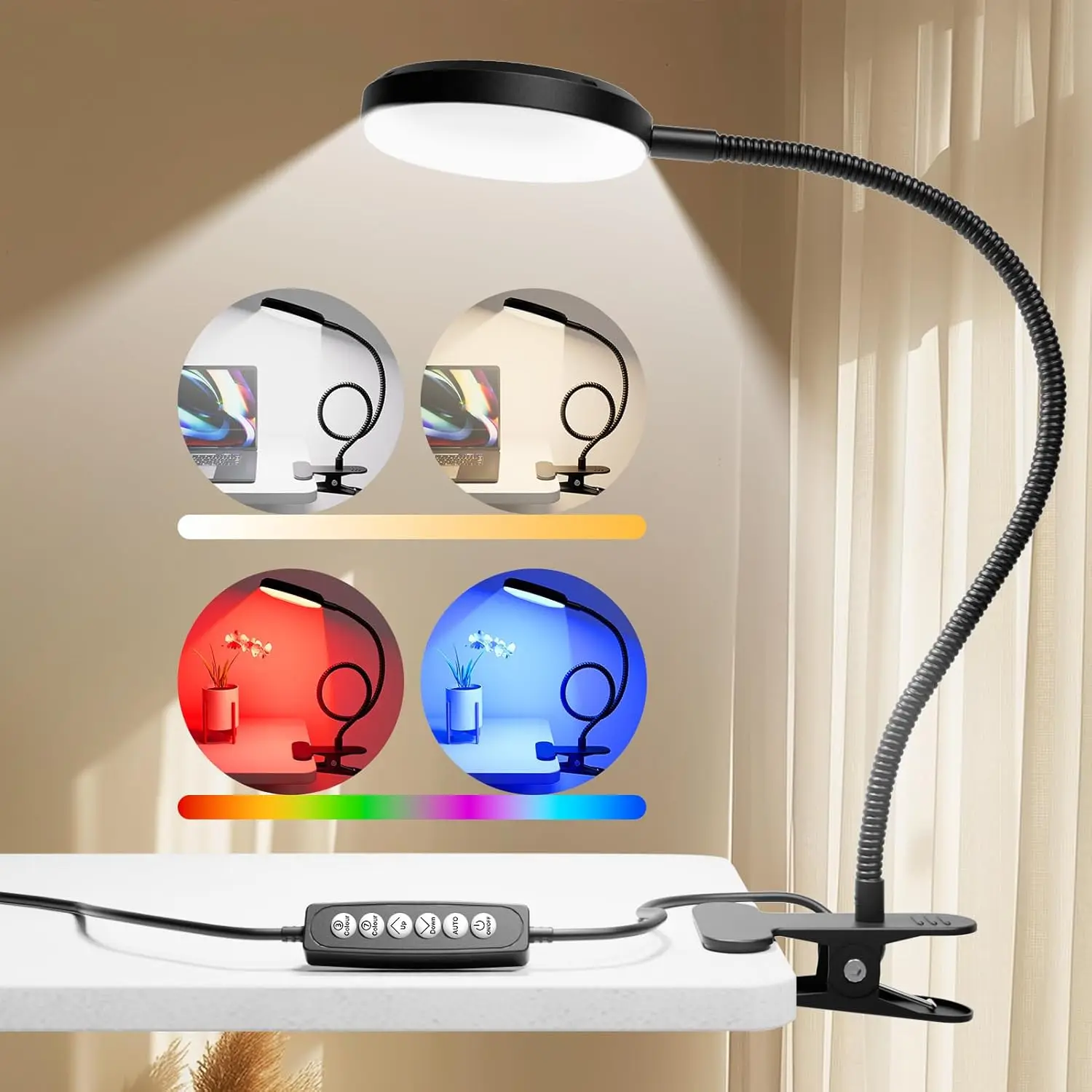 Настольная лампа-прищепка 10 Вт с RGB и теплым белым светом, гибкая штанга для чтения и работы за компьютером, 800 лм, черная
Настольная лампа-прищепка 10 Вт с RGB и теплым белым светом, гибкая штанга для чтения и работы за компьютером, 800 лм, черная