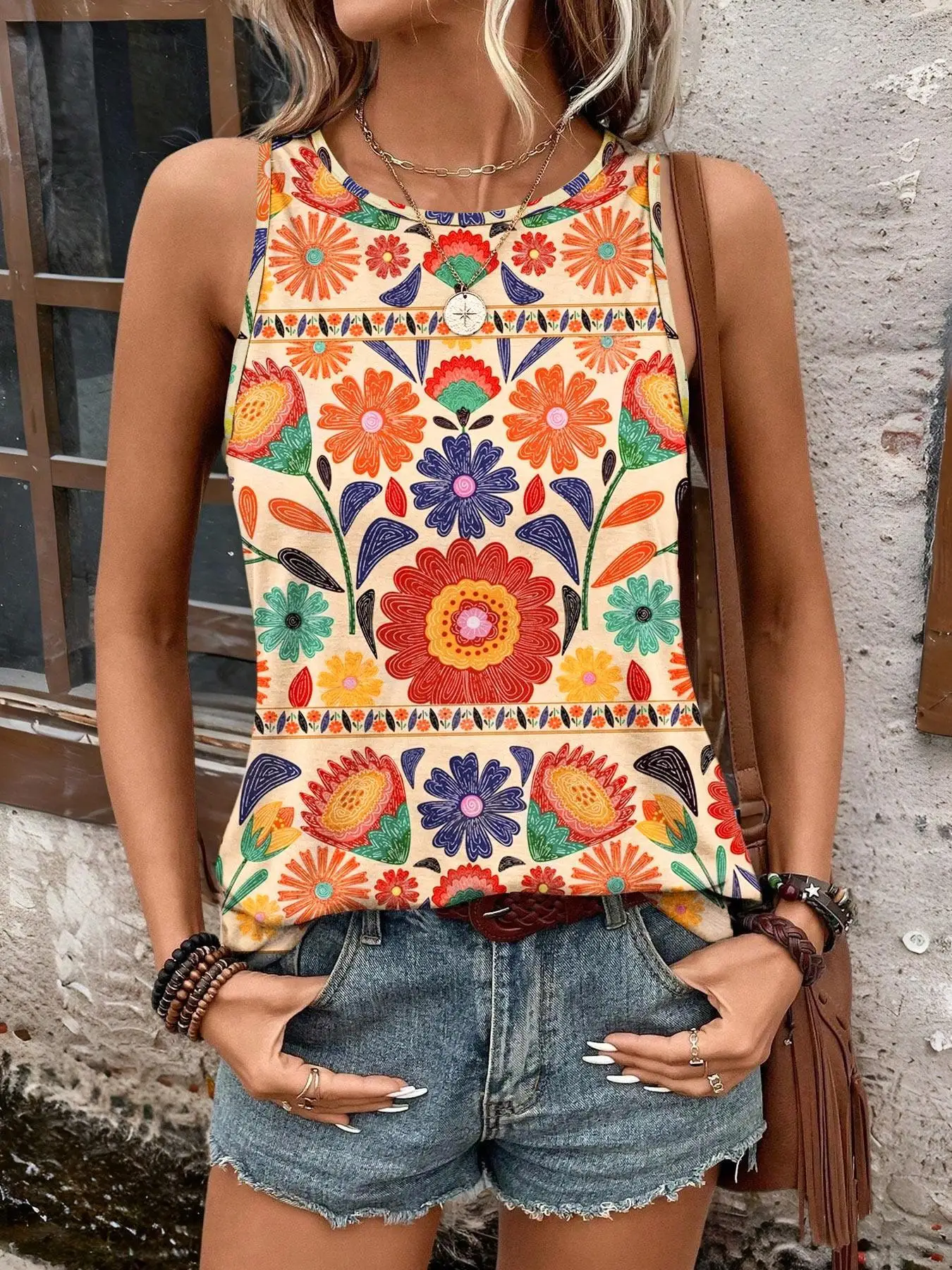 Women's Floral Print Vest, Round Neck Sleeveless Design, Casual Summer for Daily Wear, Loose-Fitting Boho Style 16 S0e53295b7edd469b992f3f2f529d2478k