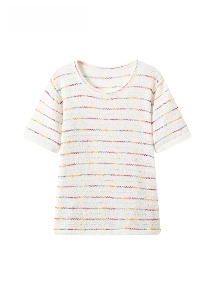 Loose Fit Striped Short Sleeve T-Shirt Women's Summer New Style plus Size Casual Knitted Top Elegant Ageless Shoulder Length
Loose Fit Striped Short Sleeve T-Shirt Women's Summer New Style plus Size Casual Knitted Top Elegant Ageless Shoulder Length