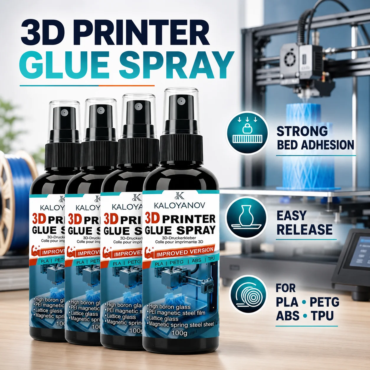 3D Printer Glue Spray Improved Adhesion for PLA PETG ABS TPU High Performance Adhesive for PEI Glass and Magnetic Build Plates
3D Printer Glue Spray Improved Adhesion for PLA PETG ABS TPU High Performance Adhesive for PEI Glass and Magnetic Build Plates
