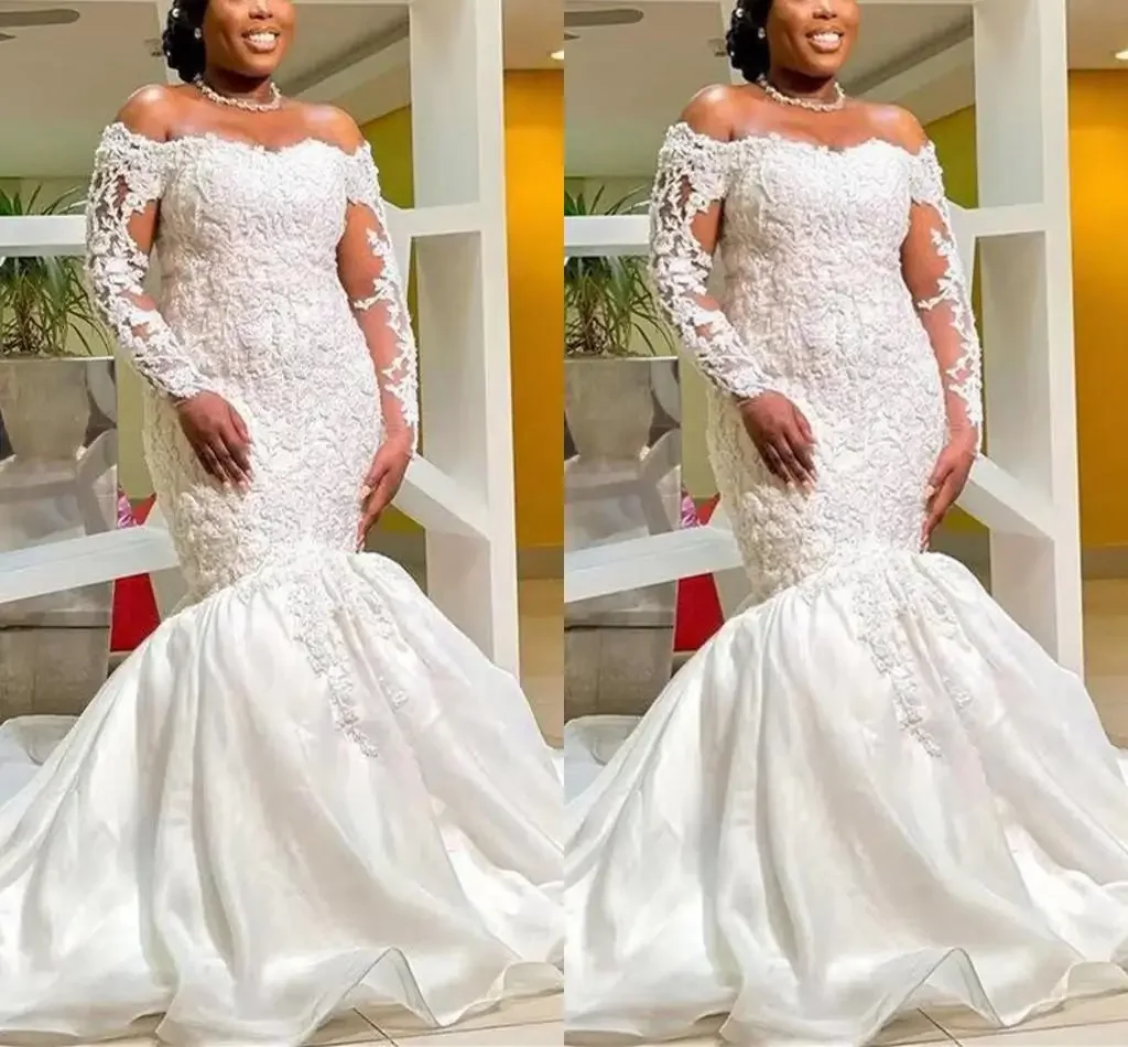 Customized Plus Size Mermaid Wedding Dresses Off The Shoulder Bridal Gowns Lace Appliqued Beaded Arabic Long Sleeves Robe De Mar
Customized Plus Size Mermaid Wedding Dresses Off The Shoulder Bridal Gowns Lace Appliqued Beaded Arabic Long Sleeves Robe De Mar