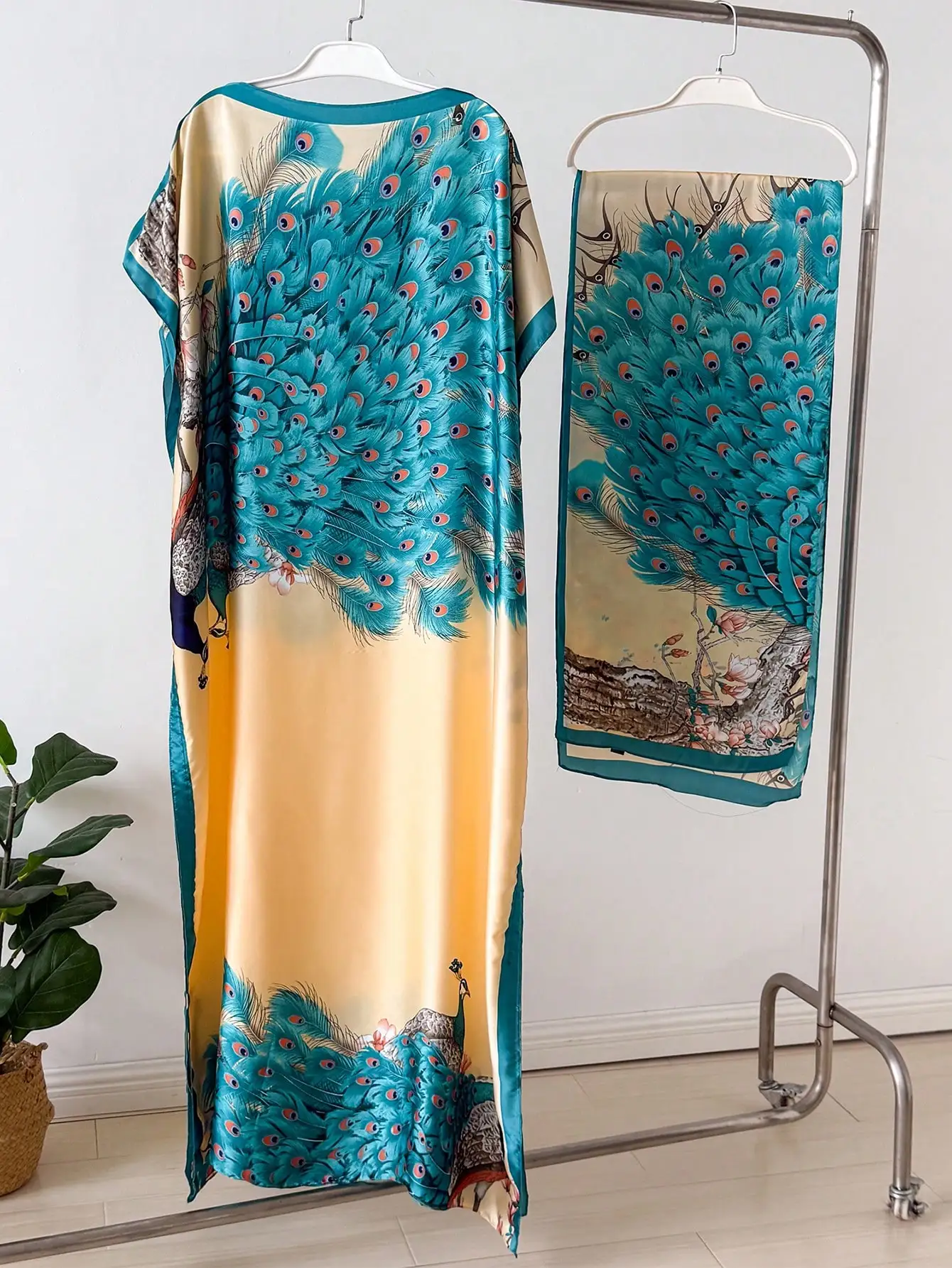 Womens Faux Silk Kaftan Dress With Matching Scarf, Peacock Floral Print Cover Up For Beach Or Daily Wear
Womens Faux Silk Kaftan Dress With Matching Scarf, Peacock Floral Print Cover Up For Beach Or Daily Wear