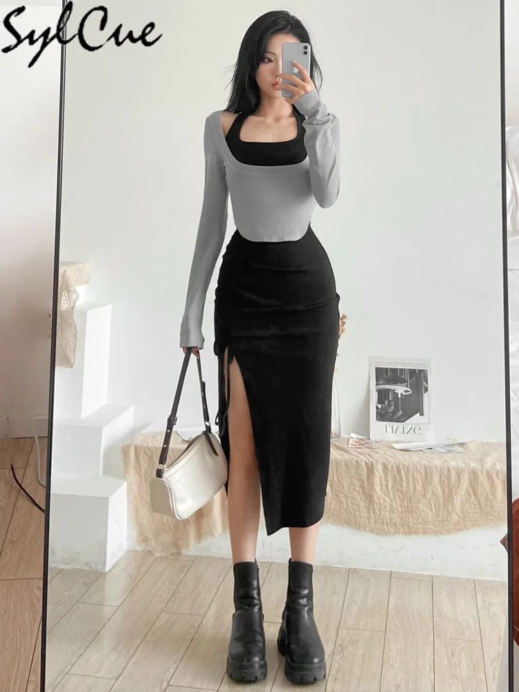 Sylcue Simple Casual Solid Color Thin Loose Top With Tight Sexy Mature Halter Long Dress Women's Knitted Two-piece Set
Sylcue Simple Casual Solid Color Thin Loose Top With Tight Sexy Mature Halter Long Dress Women's Knitted Two-piece Set