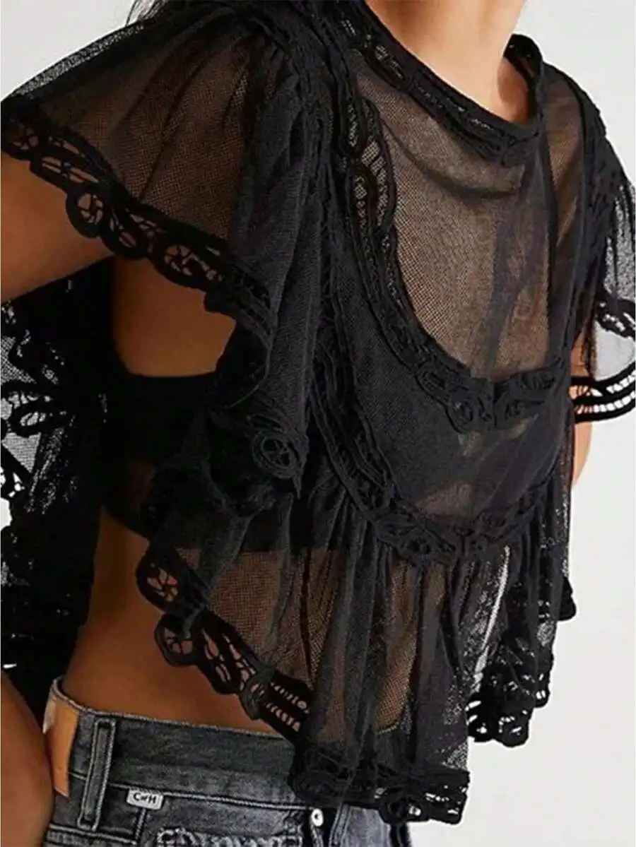 Bohemian Lace Sheer Top With Ruffles - Loose Short Sleeve Crop Blouse For Summer Casual Party
Bohemian Lace Sheer Top With Ruffles - Loose Short Sleeve Crop Blouse For Summer Casual Party