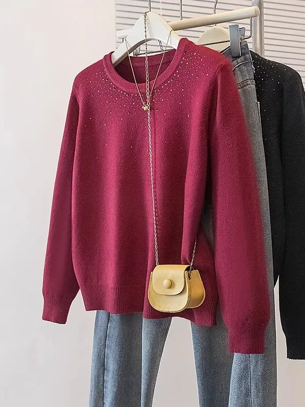 Wine Red Sequin Knitwear Women's Shoulder Length Sweater Base Shirt Stylish Top plus Size Korean Style Commute Fashion
Wine Red Sequin Knitwear Women's Shoulder Length Sweater Base Shirt Stylish Top plus Size Korean Style Commute Fashion