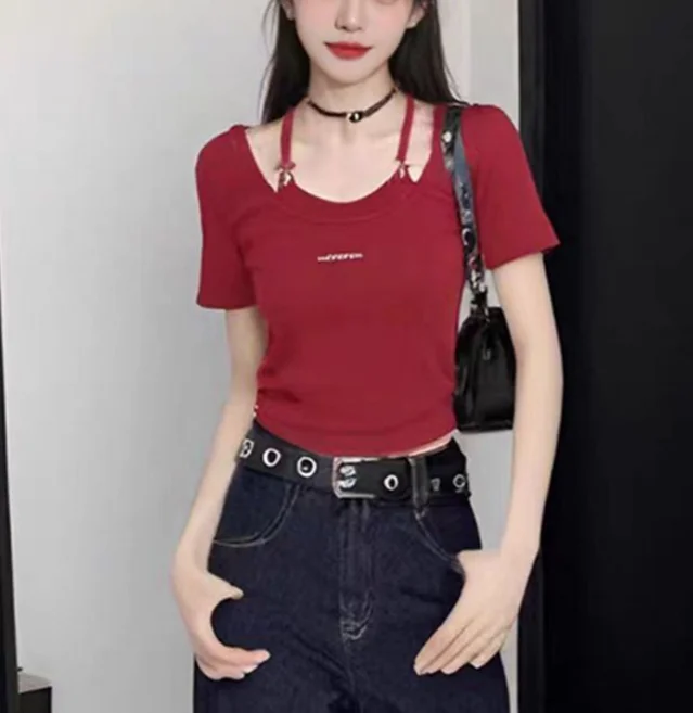 Summer Tops Woman Solid Color Fake Two-Piece Neck Hanging T-Shirt Top Elegant Casual Daily Slim Fit Short Sleeve T-Shirt Red Top
Summer Tops Woman Solid Color Fake Two-Piece Neck Hanging T-Shirt Top Elegant Casual Daily Slim Fit Short Sleeve T-Shirt Red Top
