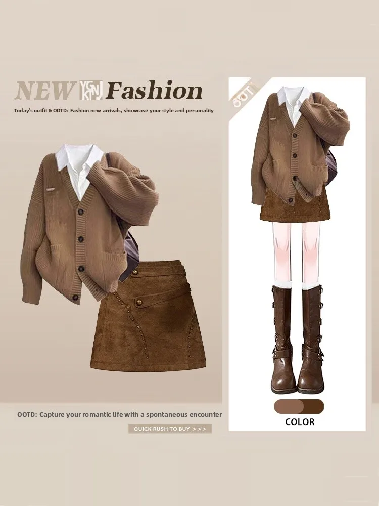 Корейский комплект с коричневой юбкой для колледжа, женский свободный вязаный многослойный комплект для похудения, зимний ансамбль, футболки
Корейский комплект с коричневой юбкой для колледжа, женский свободный вязаный многослойный комплект для похудения, зимний ансамбль, футболки