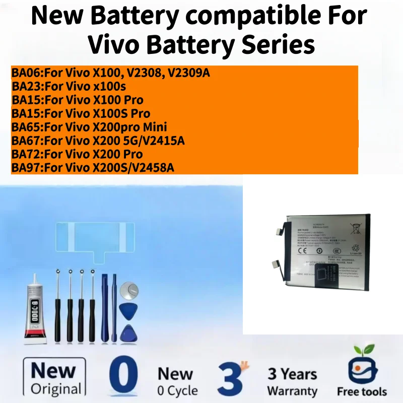 New Battery Compatible For Vivo X100/x100s/X100 Pro/X100S Pro/X200pro Mini/X200 5G/X200 Pro/X200S Phone Batteries + Free Tools
New Battery Compatible For Vivo X100/x100s/X100 Pro/X100S Pro/X200pro Mini/X200 5G/X200 Pro/X200S Phone Batteries + Free Tools