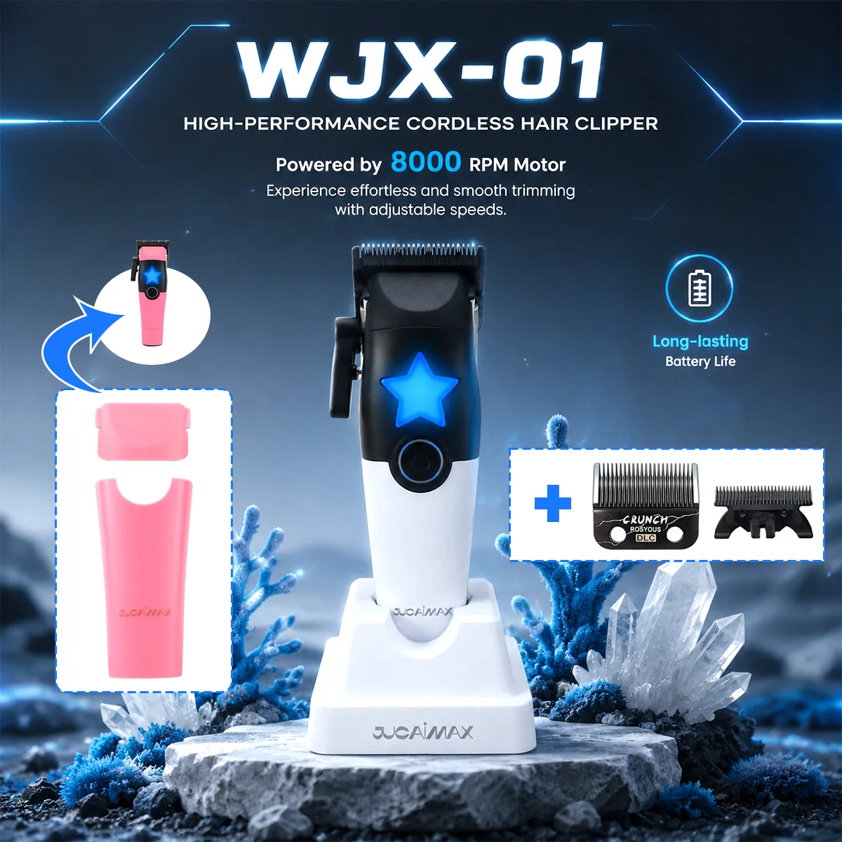 JUCAIMAX WJX-01 Clippers for Men 8000RPM Brushless Motor DLC Blade with Base Charger Professional Barber Machines Hair Trimmer
JUCAIMAX WJX-01 Clippers for Men 8000RPM Brushless Motor DLC Blade with Base Charger Professional Barber Machines Hair Trimmer
