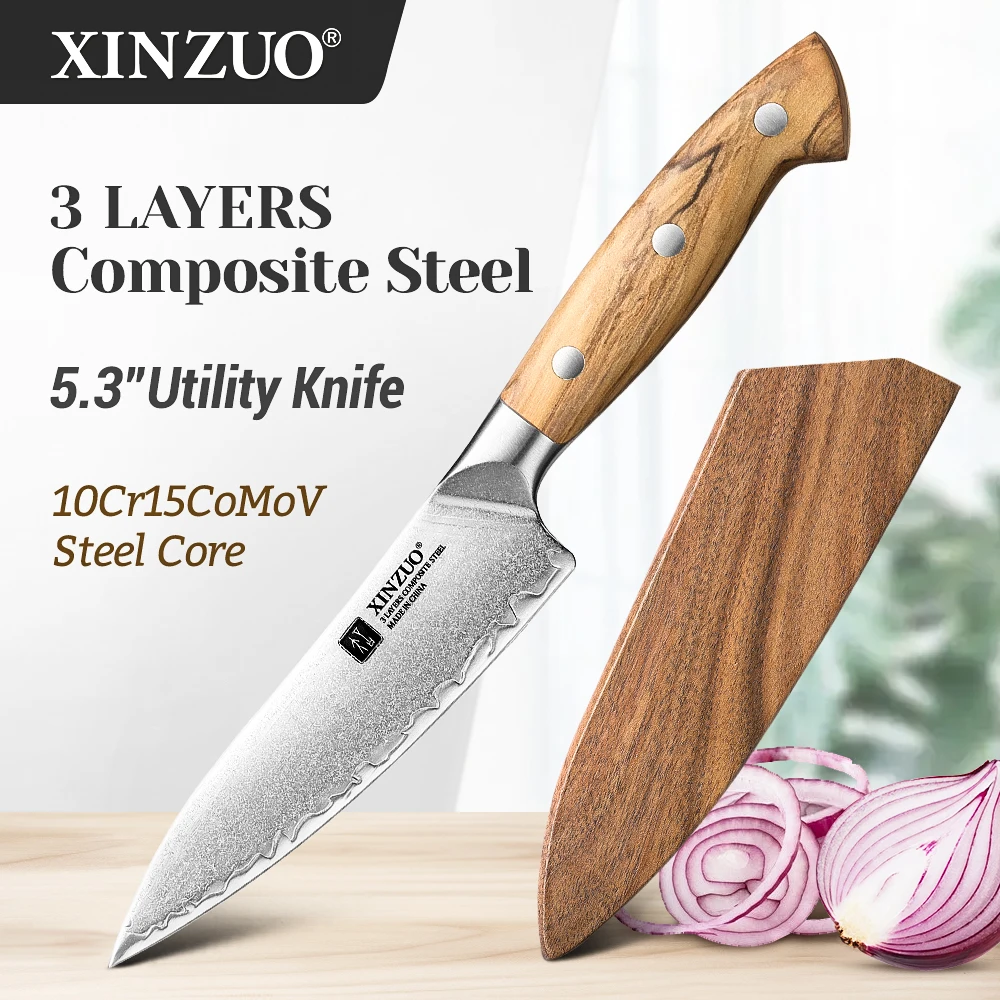 XINZUO New Arrival 5.3'' inch Utility Knife 10Cr15CoMoV Steel Core Damascus Steel With Olive Wood Handle Durable Kitchen Knife
XINZUO New Arrival 5.3'' inch Utility Knife 10Cr15CoMoV Steel Core Damascus Steel With Olive Wood Handle Durable Kitchen Knife