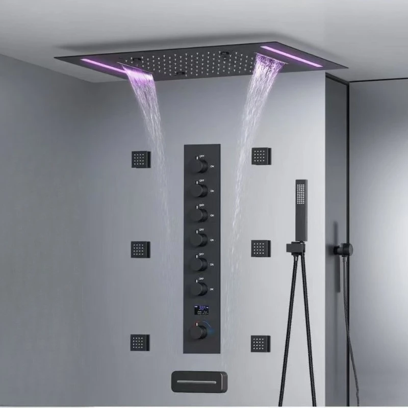 Deluxe matte black constant temperature high flow system hidden ceiling heavy rain waterfall shower set
Deluxe matte black constant temperature high flow system hidden ceiling heavy rain waterfall shower set