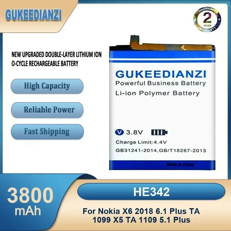 HE342 Аккумулятор большой емкости 3800 мАч для мобильного телефона Nokia X6 2018 6,1 Plus TA 1099 X5 TA 1109 5,1 Plus
HE342 Аккумулятор большой емкости 3800 мАч для мобильного телефона Nokia X6 2018 6,1 Plus TA 1099 X5 TA 1109 5,1 Plus