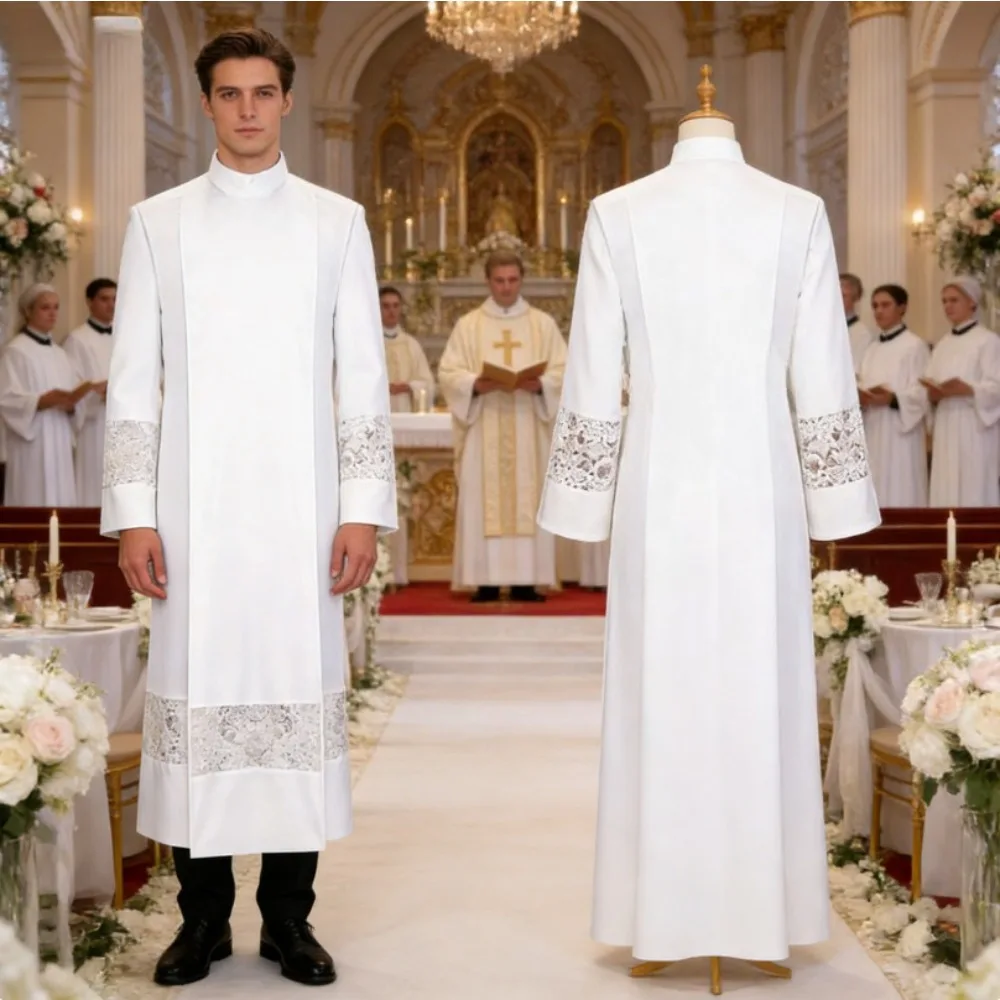 White See-Through Medieval Cosplay Robe, Pleated Lace Trim Long Clerical-Style Costume with Middle Eastern Floral Print
White See-Through Medieval Cosplay Robe, Pleated Lace Trim Long Clerical-Style Costume with Middle Eastern Floral Print