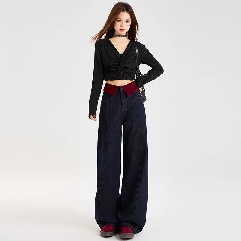 New High-Waisted Slimming Design Wide-Leg Floor-Length Denim Blue Pants Angora Red Jeans for Women
New High-Waisted Slimming Design Wide-Leg Floor-Length Denim Blue Pants Angora Red Jeans for Women