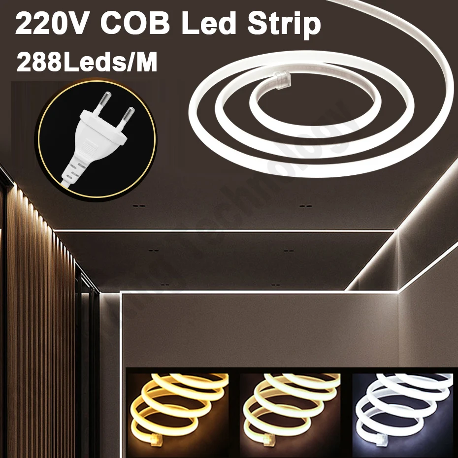 220V COB LED Strip RA90 Super Bright 288LEDs/m with EU Plug Waterproof IP65 Flexible Tape for Indoor/Outdoor Lighting 30m 10m
220V COB LED Strip RA90 Super Bright 288LEDs/m with EU Plug Waterproof IP65 Flexible Tape for Indoor/Outdoor Lighting 30m 10m