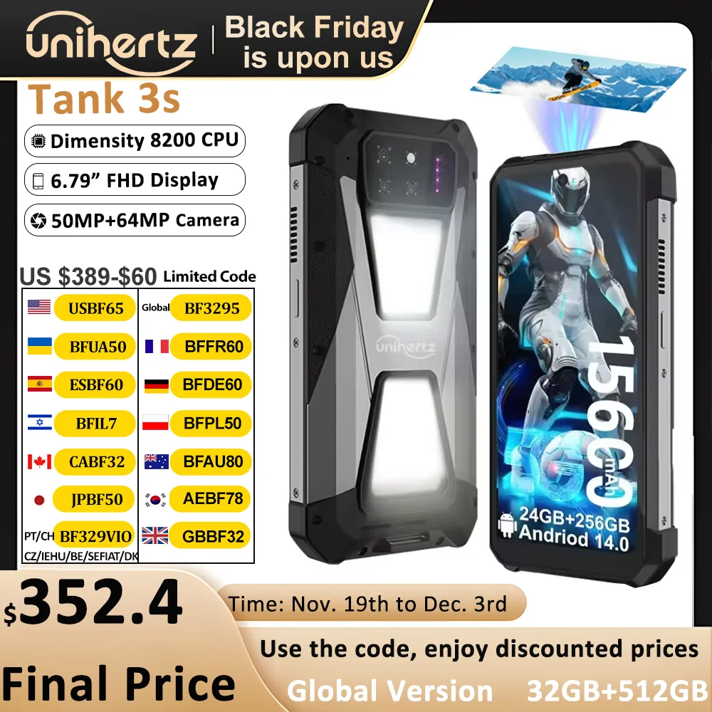 Unihertz tank 3s 8849 powered smartphone with projector 24/32GB 256/512GB Dimension 8200 cellphone 15600mAh 66W phone
Unihertz tank 3s 8849 powered smartphone with projector 24/32GB 256/512GB Dimension 8200 cellphone 15600mAh 66W phone