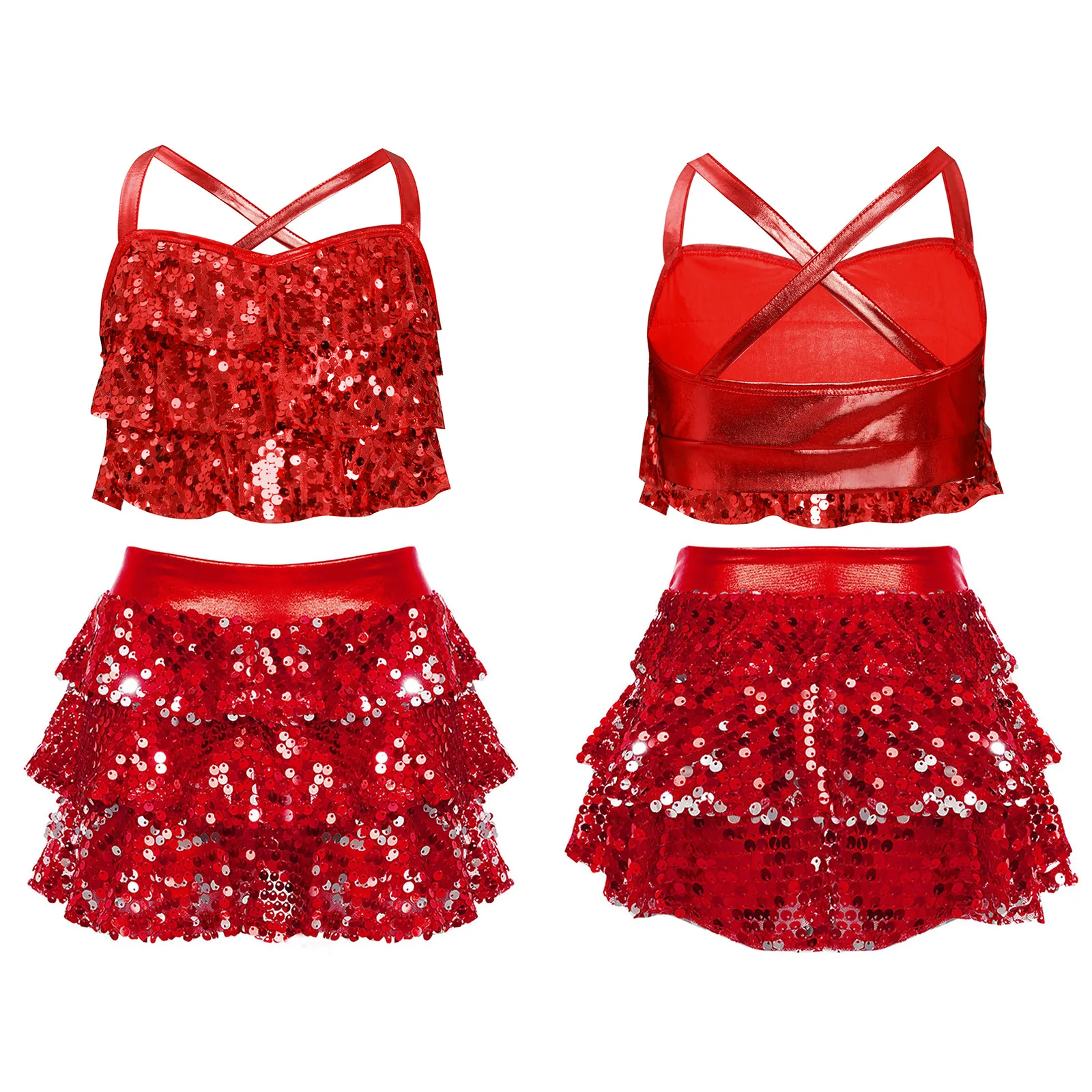 Kids Girls Sequins Jazz Dance Outfit Glittery Metallic Tiered Ruffles Camisole Cheerleading Dance Crop Top Performance Costumes
Kids Girls Sequins Jazz Dance Outfit Glittery Metallic Tiered Ruffles Camisole Cheerleading Dance Crop Top Performance Costumes
