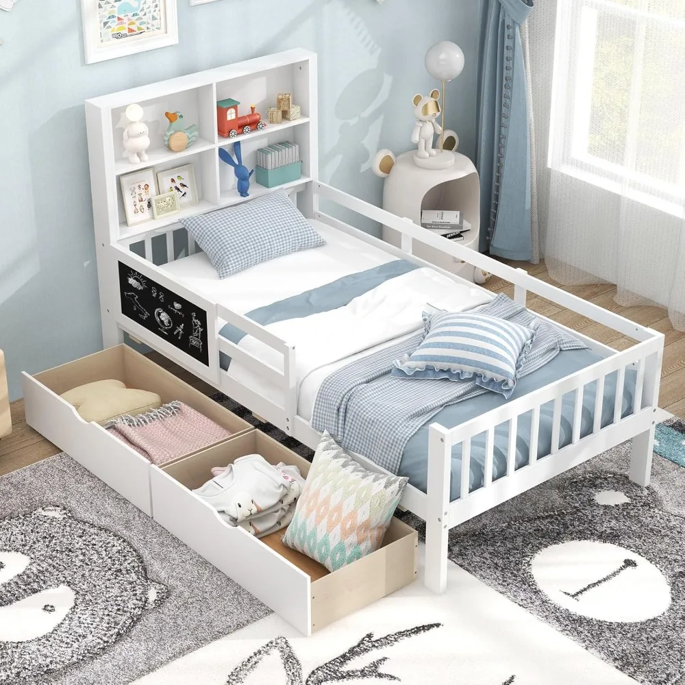 Twin Bed with 2 Storage Drawers, Solid Wood Kids Bed Frame w/Bookcase Headboard & Blackboard, Full-Length Guardrails & W
Twin Bed with 2 Storage Drawers, Solid Wood Kids Bed Frame w/Bookcase Headboard & Blackboard, Full-Length Guardrails & W