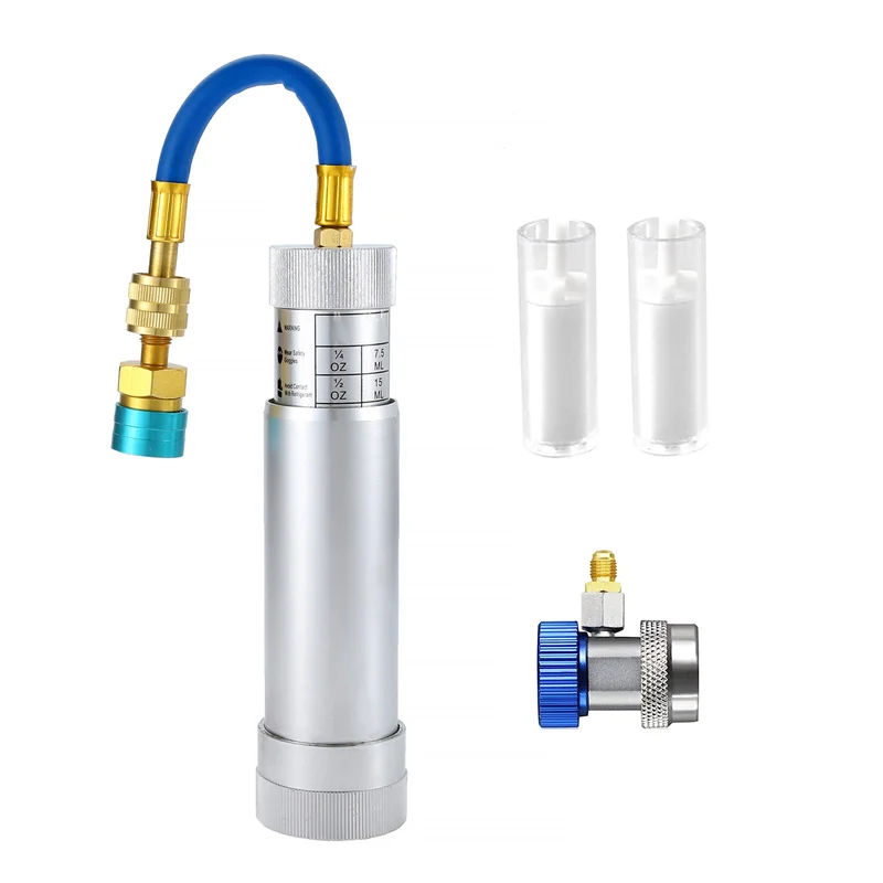 134A Oil Dye Injector Kit with 2 Quick Couplers 2 Oil Checkers A/C Refrigeration Oil Filling and Replenishing Cylinder
134A Oil Dye Injector Kit with 2 Quick Couplers 2 Oil Checkers A/C Refrigeration Oil Filling and Replenishing Cylinder