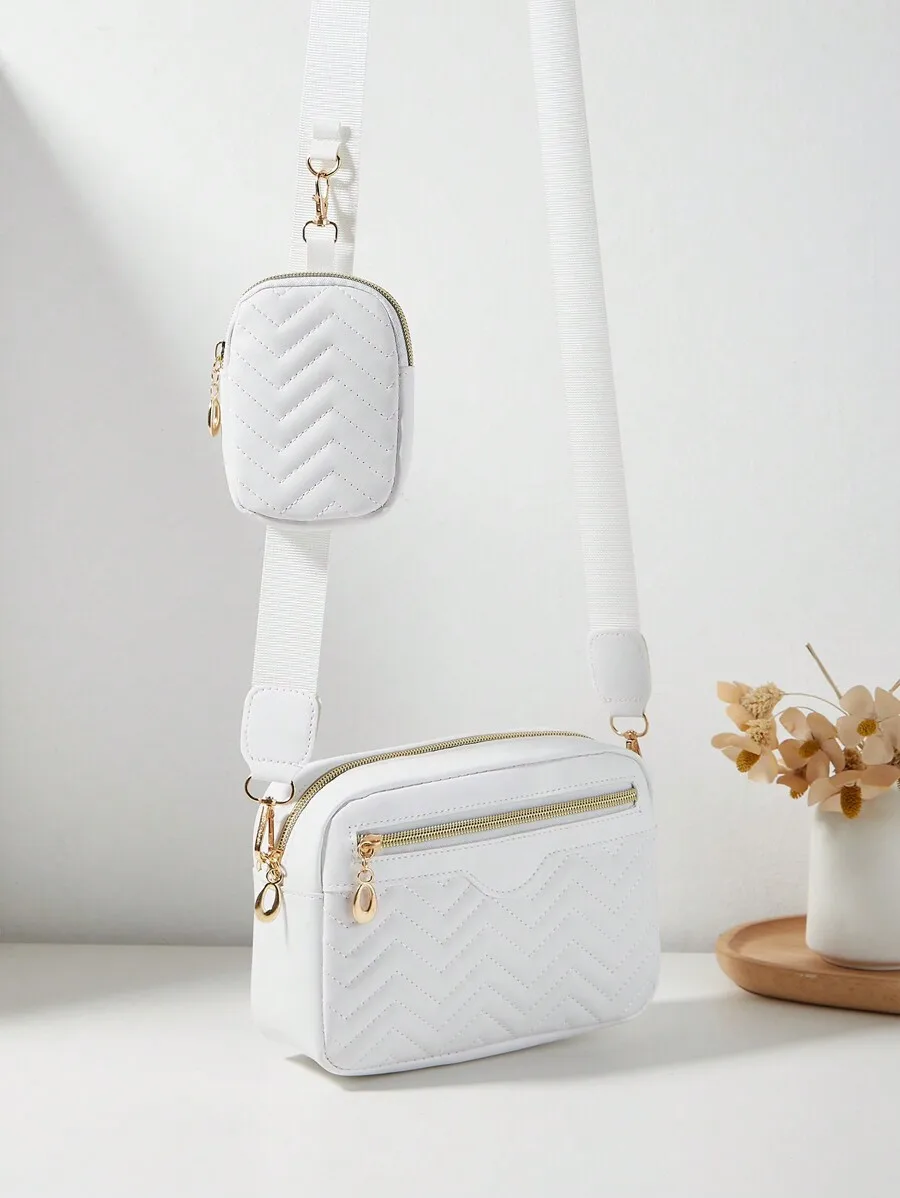 White Quilted Chevron Crossbody Bag with Detachable Coin Purse
White Quilted Chevron Crossbody Bag with Detachable Coin Purse