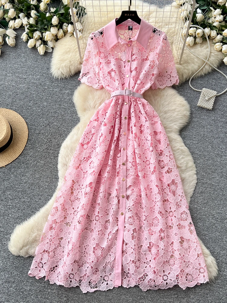 Elegant Lace Flip-Collar Dress Women's Summer Hollow out Belted Waist A-Line Long Dress Korean Style Commute Polyester Fiber
Elegant Lace Flip-Collar Dress Women's Summer Hollow out Belted Waist A-Line Long Dress Korean Style Commute Polyester Fiber