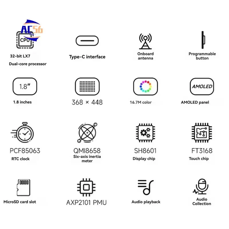 AC56-ESP32-S3 1,8-дюймовый дисплей AMOLED емкостный сенсорный экран макетная плата LX7 двухъядерный процессор SH8601
AC56-ESP32-S3 1,8-дюймовый дисплей AMOLED емкостный сенсорный экран макетная плата LX7 двухъядерный процессор SH8601
