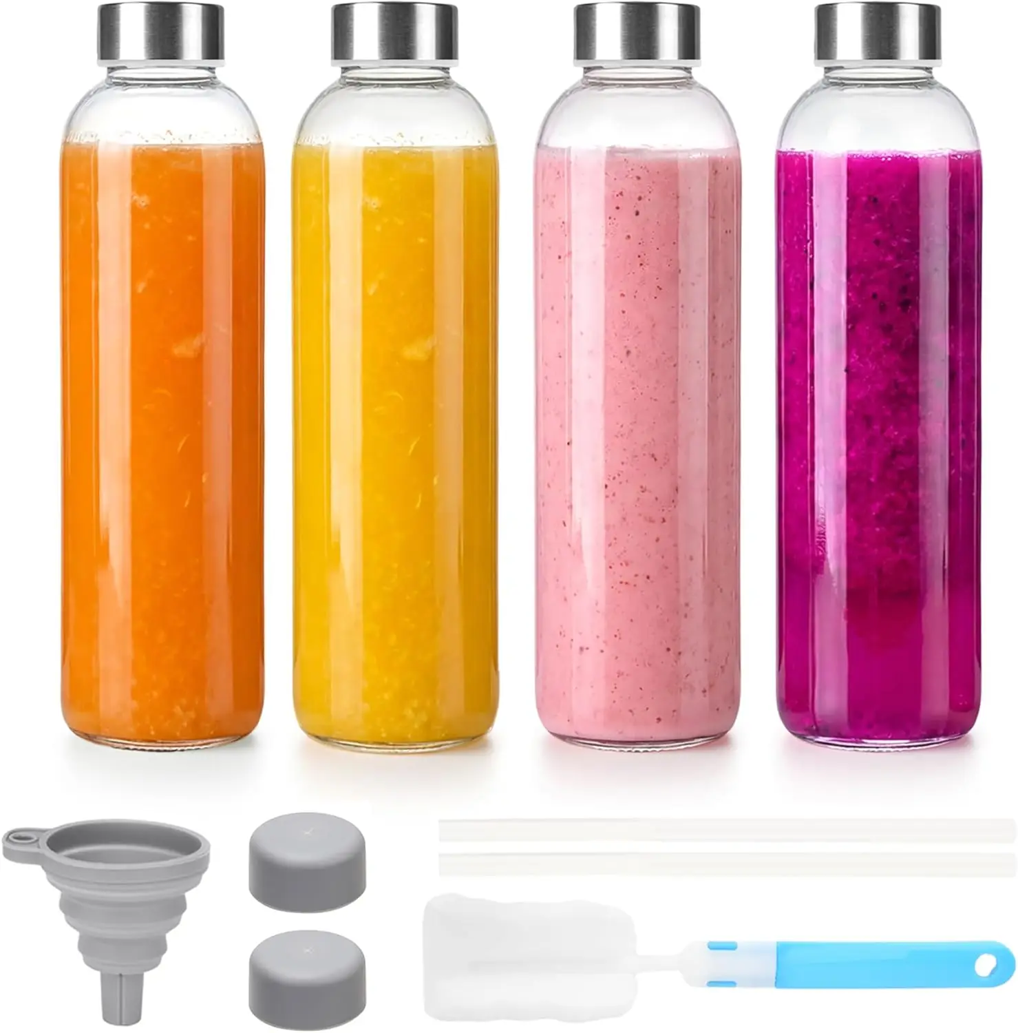 Glass Juice Bottles with Lids 24 oz, Leak Proof 4 Pack Reusable Clear Water Bottles with Stainless Steel Cap for Juicing,
Glass Juice Bottles with Lids 24 oz, Leak Proof 4 Pack Reusable Clear Water Bottles with Stainless Steel Cap for Juicing,
