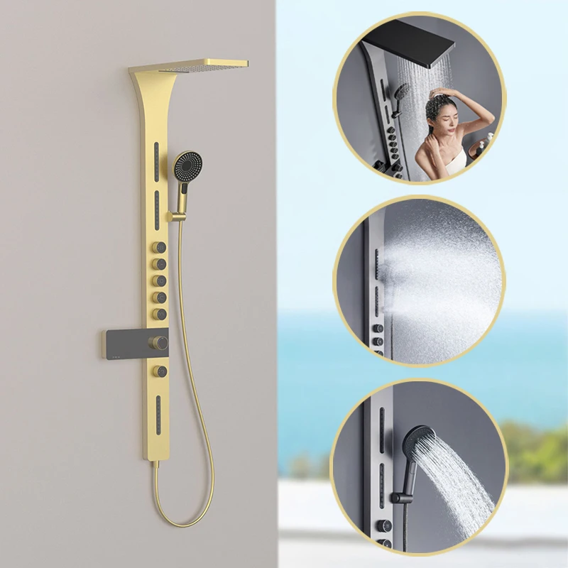 Modern Brushed Gold Shower Panel Rain Bath Shower Faucet Mixer Waterfall Shower Column Spa Massage Jet Shower Set for Bathroom
Modern Brushed Gold Shower Panel Rain Bath Shower Faucet Mixer Waterfall Shower Column Spa Massage Jet Shower Set for Bathroom