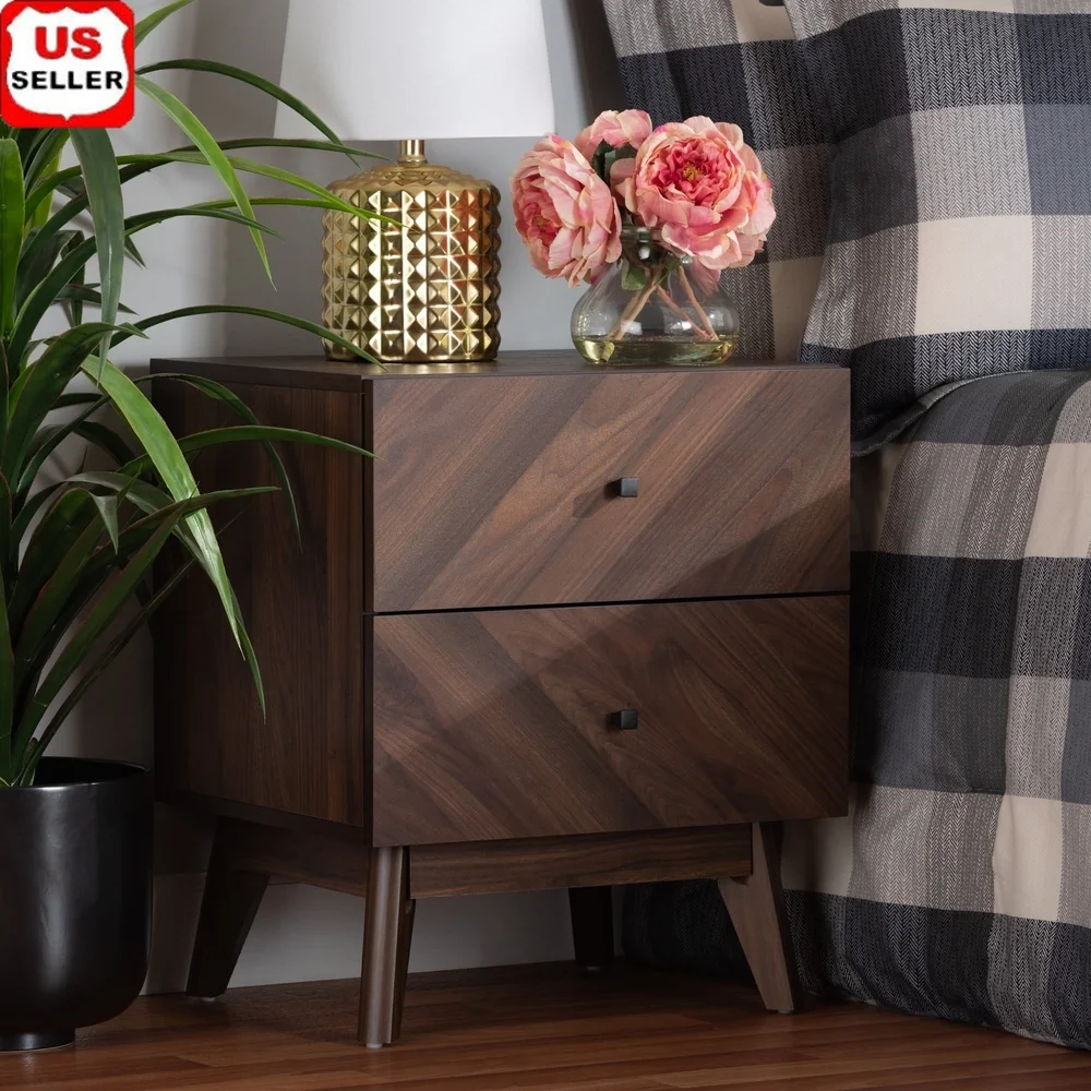 Mid-Century Modern Walnut Brown Wood Nightstand with 2 Drawers and Angled Legs Bedroom Storage Assembly Required
Mid-Century Modern Walnut Brown Wood Nightstand with 2 Drawers and Angled Legs Bedroom Storage Assembly Required
