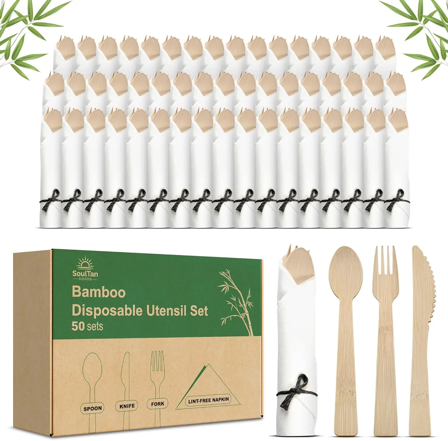 Набор одноразовых бамбуковых столовых приборов – 50 штук, предварительно упакованные столовые приборы и салфетки с вилками
Набор одноразовых бамбуковых столовых приборов – 50 штук, предварительно упакованные столовые приборы и салфетки с вилками