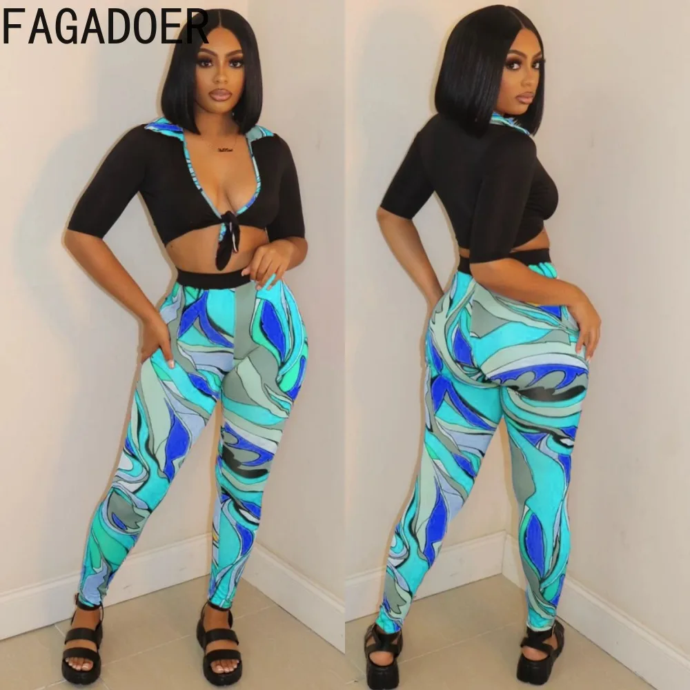 FAGADOER Sexy V Neck Printing Bandage Skinny Pants Two Piece Sets Women Short Sleeve Crop Top + Pants Outfits Fashion Streetwear
FAGADOER Sexy V Neck Printing Bandage Skinny Pants Two Piece Sets Women Short Sleeve Crop Top + Pants Outfits Fashion Streetwear