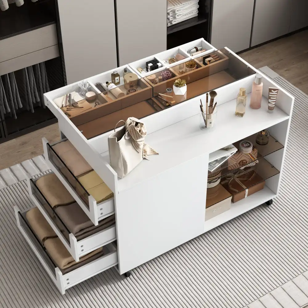 43.3″ Multi-functional Storage Island Movable Storage Cabinet Island Vanity Dresser with 3 Side Storage Drawer, a Reversible To
43.3″ Multi-functional Storage Island Movable Storage Cabinet Island Vanity Dresser with 3 Side Storage Drawer, a Reversible To