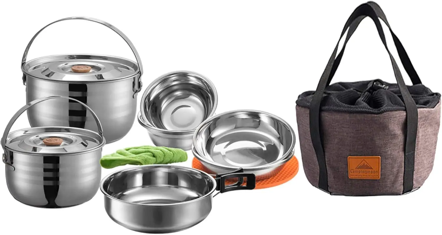 Stainless Steel Camping Cookware Set with Nesting Pots Pans Bowls and Storage Bag for Outdoor Cooking
Stainless Steel Camping Cookware Set with Nesting Pots Pans Bowls and Storage Bag for Outdoor Cooking