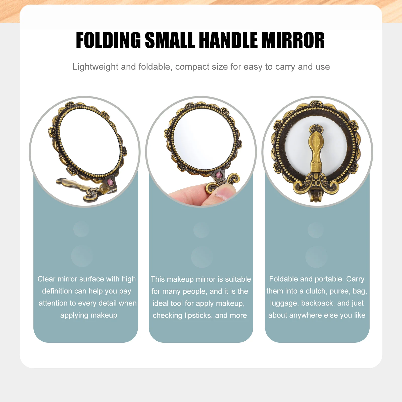 Travel Makeup Mirror Foldable Compact Hand Mirror Lightweight Vintage Style Design Portable Tool for Women
Travel Makeup Mirror Foldable Compact Hand Mirror Lightweight Vintage Style Design Portable Tool for Women