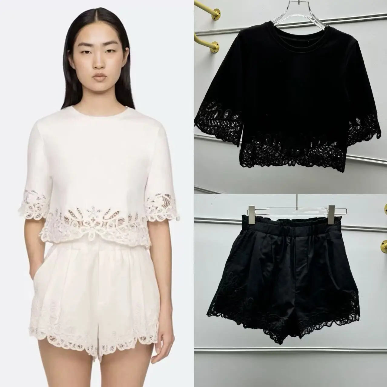 Elegant Embroidered Lace Hollow out round Neck Short Sleeve T-Shirt And High Waist Shorts Set French Style Fashion Ensemble
Elegant Embroidered Lace Hollow out round Neck Short Sleeve T-Shirt And High Waist Shorts Set French Style Fashion Ensemble