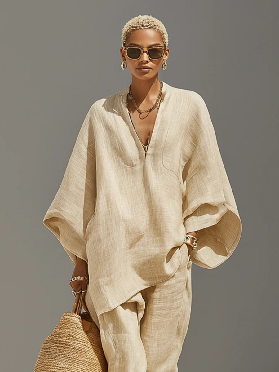 Ladies Summer Loose Linen Set Solid Color Deep V-neck Batwing Sleeve Cuffed Casual Nine-Piece Comfortable Daily Wear
Ladies Summer Loose Linen Set Solid Color Deep V-neck Batwing Sleeve Cuffed Casual Nine-Piece Comfortable Daily Wear