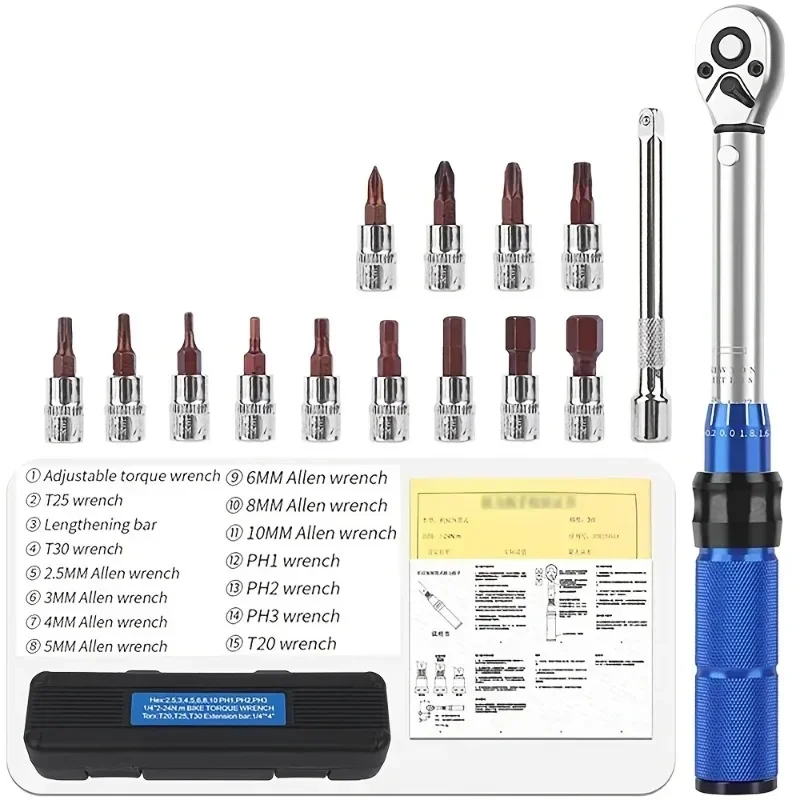 15 Pcs/Set Preset Torque Wrench Set 1/4" 5-25NM High-precision Torque Tool Set
15 Pcs/Set Preset Torque Wrench Set 1/4" 5-25NM High-precision Torque Tool Set