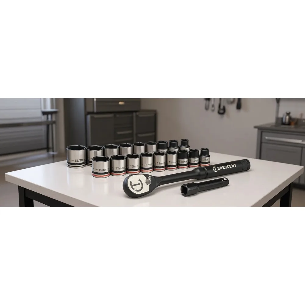 20 Piece 3/8 Inch Drive 6 Point SAE Metric Mechanics Tool Set
20 Piece 3/8 Inch Drive 6 Point SAE Metric Mechanics Tool Set