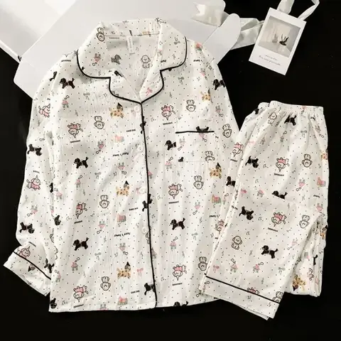 Primavera nube algodón manga larga pantalones largos mujer ropa de dormir cárdigan dulce dibujos animados ropa para el hogar conjunto prendas de vestir exteriores cómodas