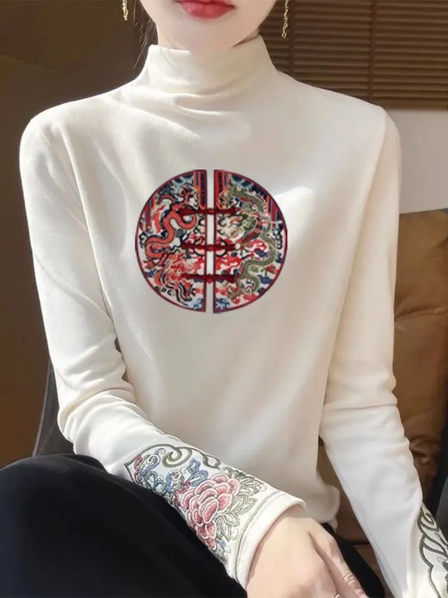 Autumn Winter Women's Base Shirt Half High Collar Long Sleeve Printed T-Shirt Ethnic Style Embroidery German Velvet Jacket
Autumn Winter Women's Base Shirt Half High Collar Long Sleeve Printed T-Shirt Ethnic Style Embroidery German Velvet Jacket