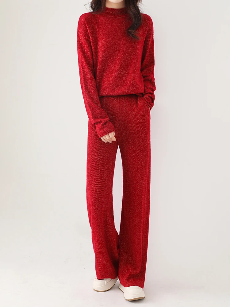 Red New Year Women 100% Merino Wool Sweater & Pants Suit Gold Silver Thread Knit Wool Pullover Sweater & Wide Leg Trousers Set 
Red New Year Women 100% Merino Wool Sweater & Pants Suit Gold Silver Thread Knit Wool Pullover Sweater & Wide Leg Trousers Set