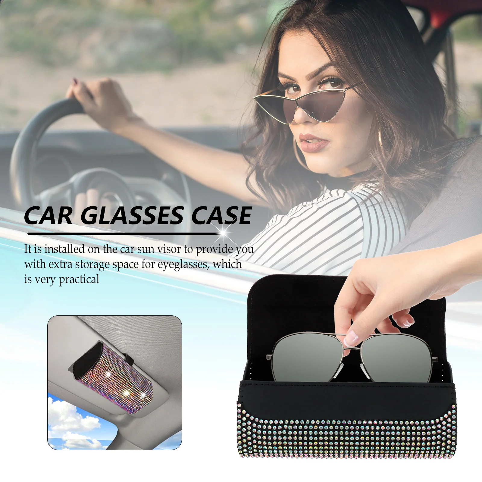 1pc Car Eyeglasses Holder Rhinestone Box PU Sunglasses Case Visor Storage Glasses Clip Car Accessories Practical Design
1pc Car Eyeglasses Holder Rhinestone Box PU Sunglasses Case Visor Storage Glasses Clip Car Accessories Practical Design