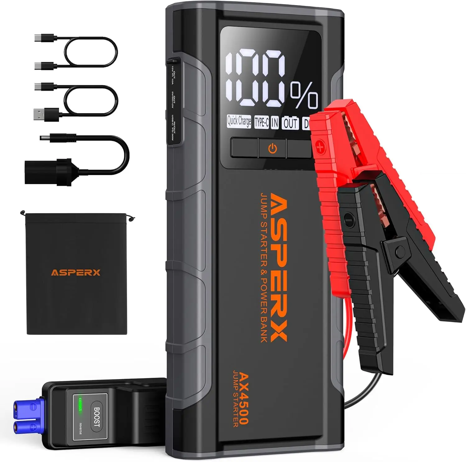4500A Peak Car Jump Starter for All Gas & 10.0L Diesel, 12V Battery Booster with LCD Display & LED Light
4500A Peak Car Jump Starter for All Gas & 10.0L Diesel, 12V Battery Booster with LCD Display & LED Light