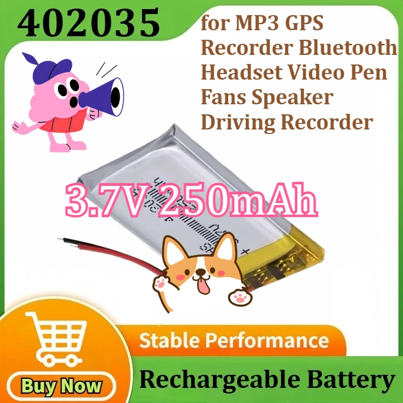 New 402035 Lipo Rechargeable Battery for MP3 GPS Recorder Bluetooth Headset Video Pen Fans Speaker Driving Recorder 3.7V 250mAh
New 402035 Lipo Rechargeable Battery for MP3 GPS Recorder Bluetooth Headset Video Pen Fans Speaker Driving Recorder 3.7V 250mAh
