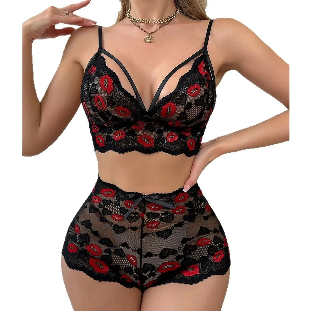 Babydoll Lingerie Set Red Lips Embroidery Sheer Mesh Bra Panty Set See Through Underwear for Women Lace Bustier with Shorts
Babydoll Lingerie Set Red Lips Embroidery Sheer Mesh Bra Panty Set See Through Underwear for Women Lace Bustier with Shorts