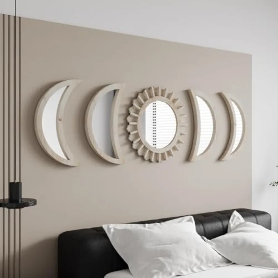 Wall Mirror Moon Phase Mirror Set Wall Decor for Bedroom Bohemian 5PCS Wooden and Real Glass Mirror with Crystal Clear Reflecti
Wall Mirror Moon Phase Mirror Set Wall Decor for Bedroom Bohemian 5PCS Wooden and Real Glass Mirror with Crystal Clear Reflecti